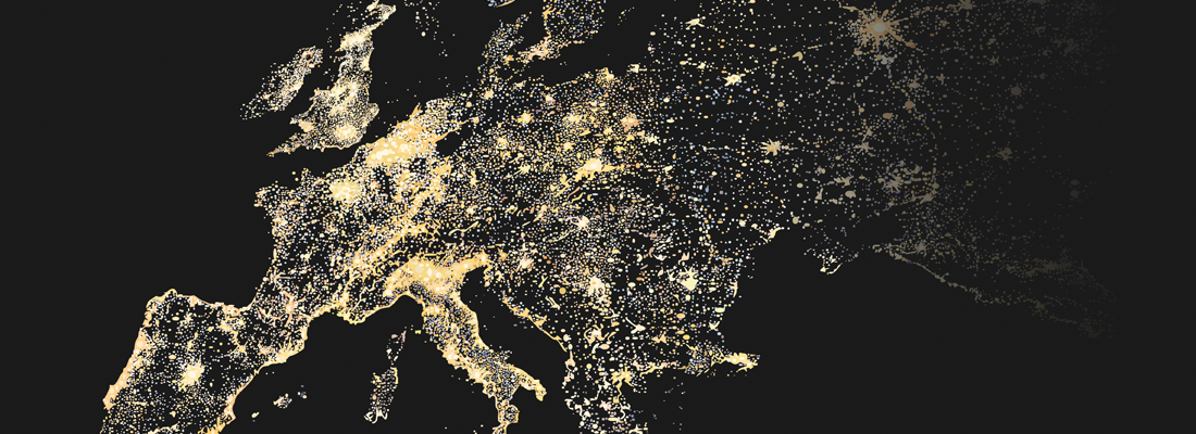 A map of Europe with key areas illuminated